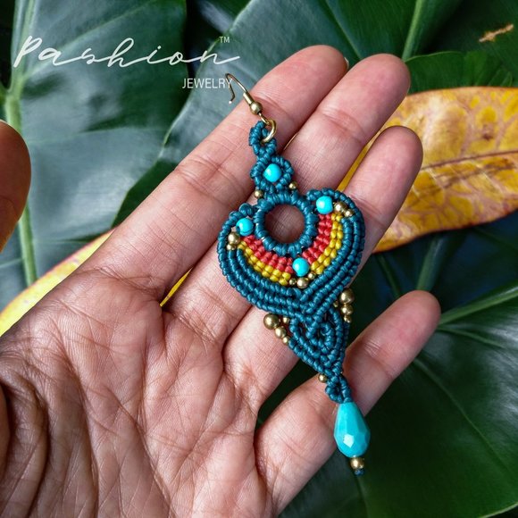 Handmade Blue or Coffee Macramé Earring - Picture 3 of 9